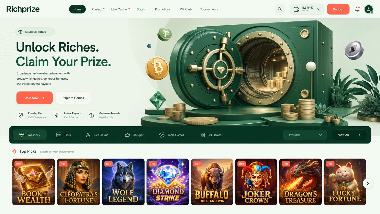 Richprize casino homepage with category tabs and a row of slot tiles