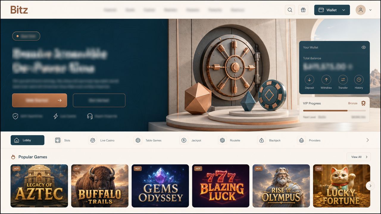 Bitz crypto casino homepage with wallet widget and slot game tiles