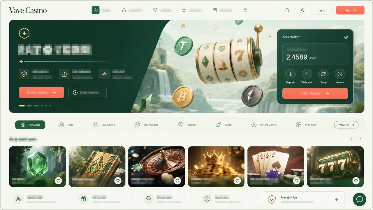 Vave Casino homepage screenshot with crypto wallet widget and game tiles