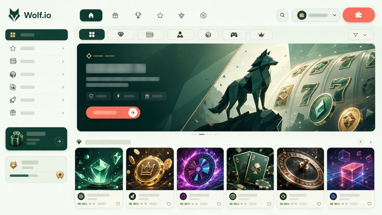 Wolf.io casino homepage with game category tabs and slot tiles in a green and coral layout