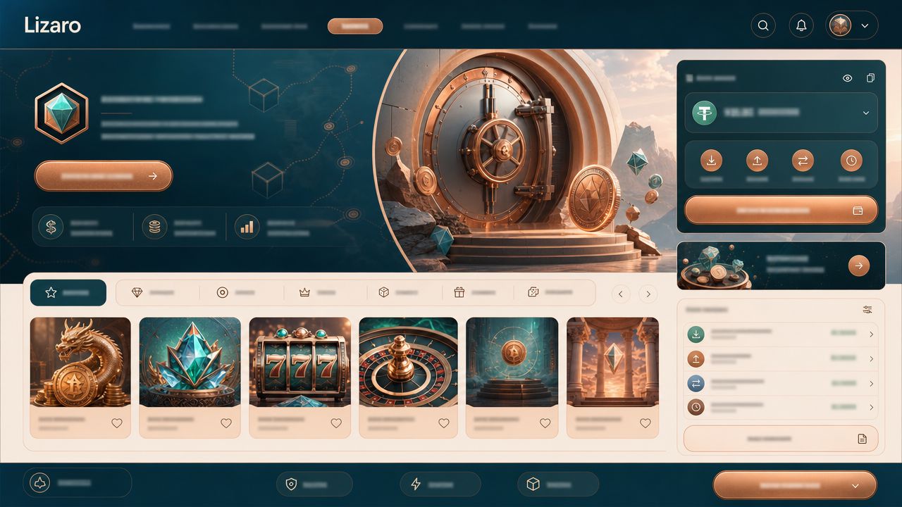 Lizaro casino homepage with game category tabs, slot tiles and a wallet widget