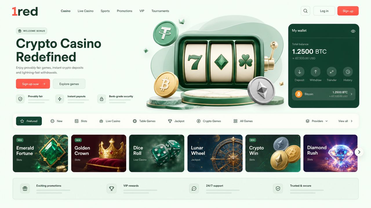 1red crypto casino homepage with game tiles, category tabs and a wallet widget