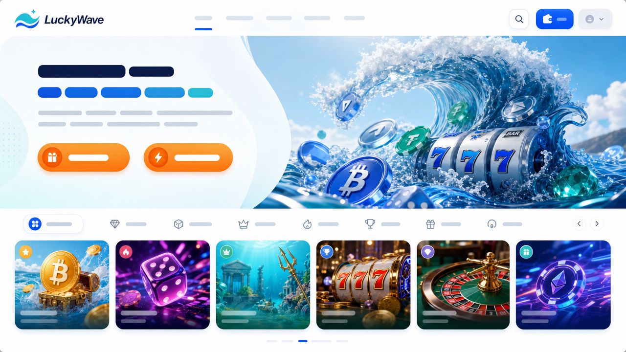 LuckyWave casino homepage with slot reels, game tiles and sign-up buttons