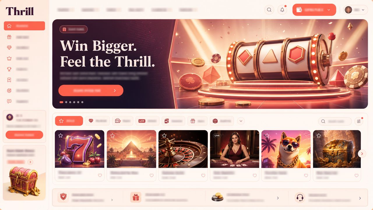 Thrill crypto casino homepage with game tiles and category tabs