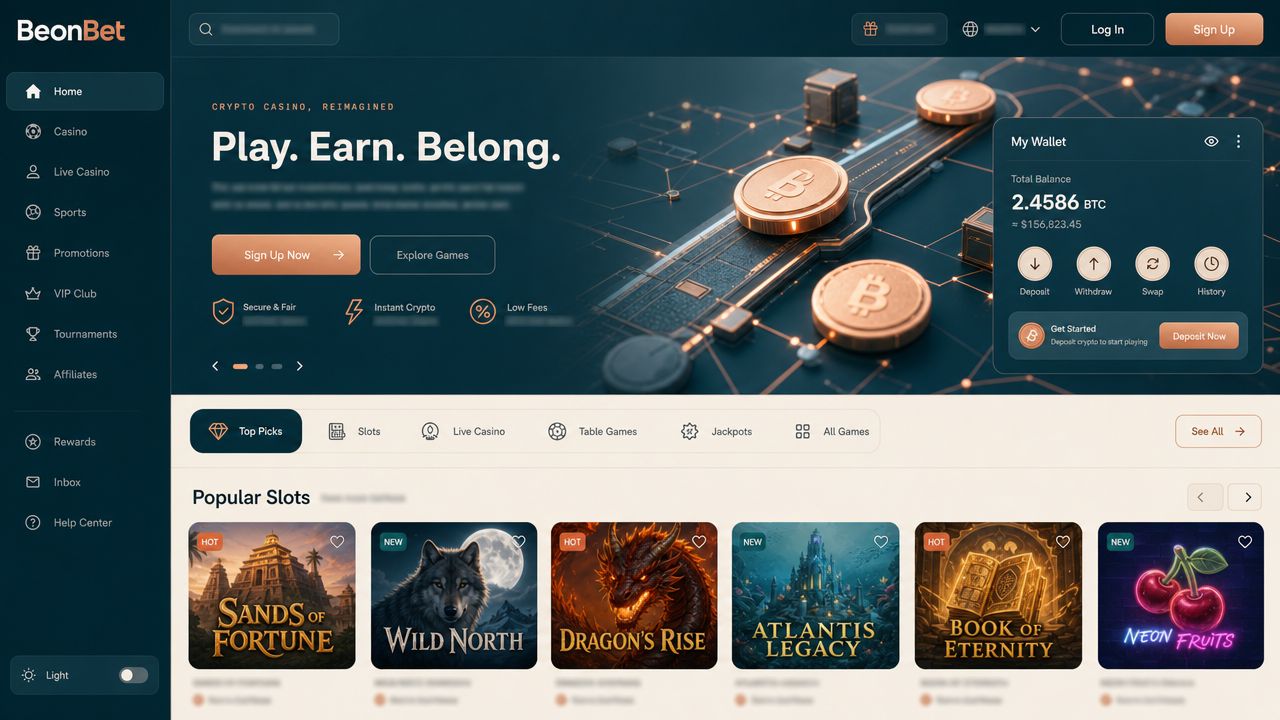 BeonBet casino homepage with casino, sportsbook and wallet sections